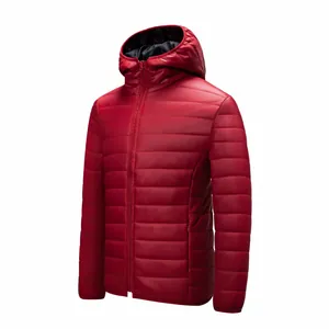 Detailed view of a men's lightweight hooded puffer jacket in red with quilted design
