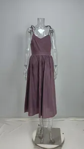 Elegant purple V-neck sleeveless backless midi dress shown on a transparent mannequin.