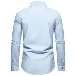 Back view of high-quality light blue men's long sleeve dress shirt with curved hem