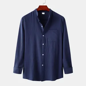 Ανδρικό μπλε navy slim fit βαμβακερό λινό μακρυμάνικο πουκάμισο