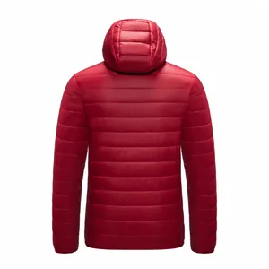 High-quality back view detail of a lightweight red hooded padded winter jacket for men