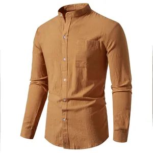 Frontal view of a ginger cotton linen long sleeve shirt with stand collar and pocket