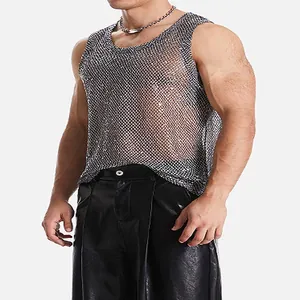 Men's sexy see-through mesh tank top featuring a metallic silver hollow-out design for clubwear