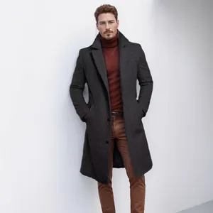 Men Mid-Length Woolen Overcoat British Style Single Breasted Thickened Warm Coat For Autumn Winter Business Casual Daily Wear