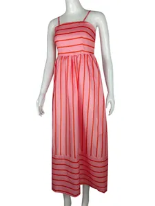 Full-length pink striped camisole maxi dress for women displayed on a white mannequin