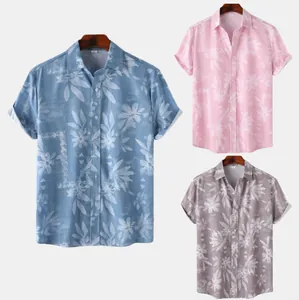 Heren casual shirts met korte mouwen en bloemenprint in de kleuren blauw, roze en grijs.