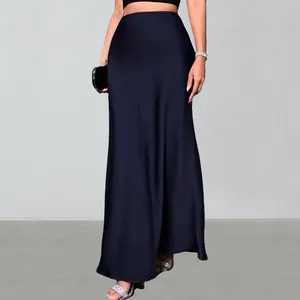 Elegant navy blue satin maxi skirt with a smooth silk-like finish and fluid drape