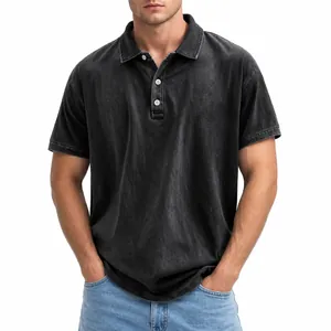 Polo de hombre en algodón lavado vintage gris oscuro, estilo casual y moderno