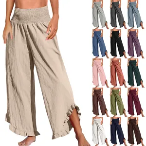 Damen Lässige Hose Mit Hoher Taille Und Gesmoktem Weitem Bein Rüschen Unregelmäßiger Saum Lose Polyester Boho Strandstil