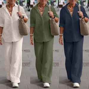 Damen 2-Teiler Set mit langärmligem Hemd und weiten Hosen in drei Farben für den Frühling