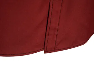 Detailed view of the hem stitching and fabric texture on a dark red men's casual shirt