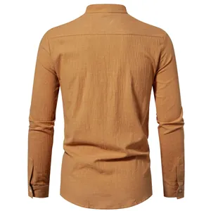 Detailed back view of men's slim fit cotton linen long-sleeve shirt in camel color