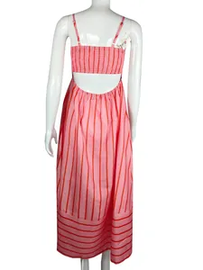 Back view of pink and orange striped backless maxi dress with smocked bodice