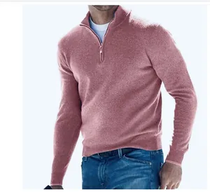 Men's elegant half-zip pink cashmere sweater with long sleeves and standing collar.