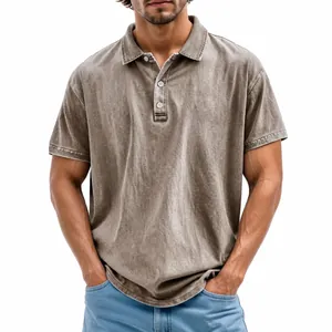 Polo de hombre en algodón lavado vintage con cuello de botones caqui