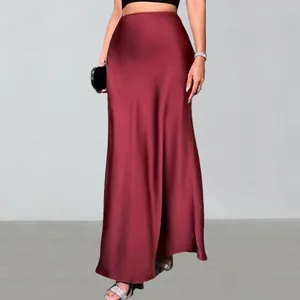 Elegant wine red satin maxi skirt with a smooth silk-like finish and high waist.