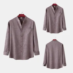 Detailed views of a men's mandarin collar cotton linen long sleeve shirt in mauve