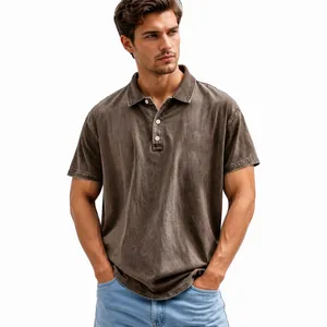 Polo de algodón lavado vintage para hombre con cuello abotonado y dobladillo curvo