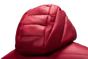 Detailed view of a red lightweight hooded puffer jacket showing the quilted hood area