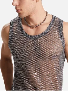 Débardeur Homme en Maille à Paillettes Chemise sans Manches Transparente Ajourée Clubwear Top de Fête Argenté Étincelant Gilet de Style Occidental