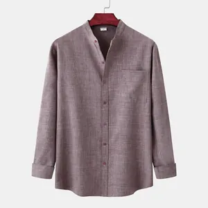 Detail of the high-quality cotton linen texture on this men's purple stand collar shirt