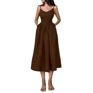 Elegant brown V-neck spaghetti strap backless midi dress with pockets for women