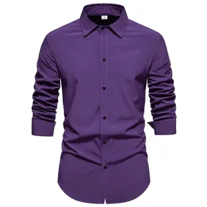 Front view detail of a classic purple long-sleeve men's button-down dress shirt