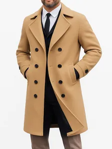 Men Business Casual Double Breasted Mid-Length Woolen Overcoat Winter Slim Fit Warm Polyester Trench Coat Outwear