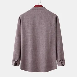 Detailed back view of men's stand collar long sleeve shirt in purple linen texture fabric.
