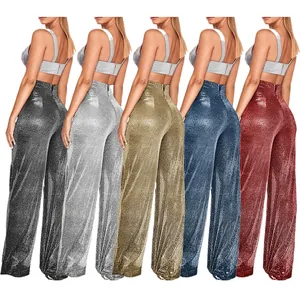 Vue détaillée de pantalons larges à paillettes taille haute en cinq couleurs vives