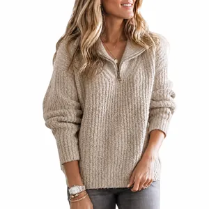 Pull en maille côtelée pour femmes avec demi-fermeture éclair en beige à manches longues