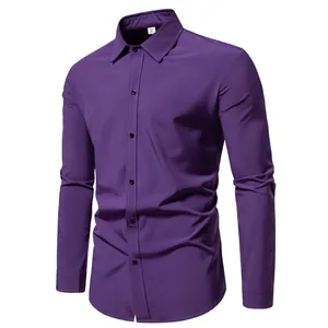 Front view of a classic purple long-sleeved men's casual button-down shirt on white background