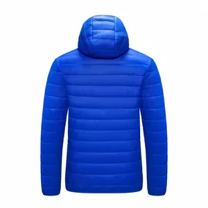 Back view of men's blue lightweight hooded puffer jacket with quilted design