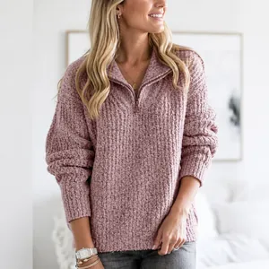 Élégant pull en maille rose à fermeture éclair pour femme, vêtements décontractés automne-hiver
