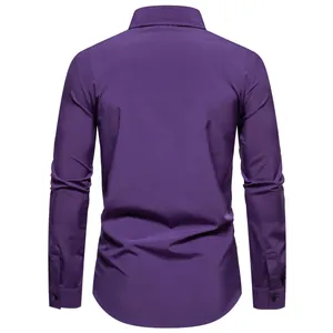 Detailed back view of a minimalist solid purple long-sleeve casual shirt for men