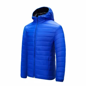 Detail view of a men's lightweight blue hooded puffer jacket with a quilted design