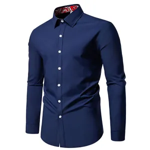 Men's navy long sleeve casual shirt with paisley print inner collar detail