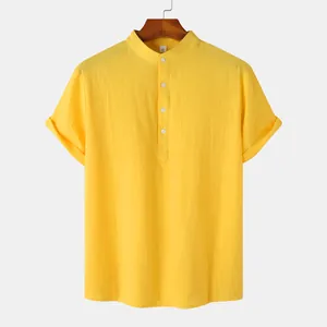 Yellow men's cotton linen short sleeve shirt with mandarin collar and slub texture