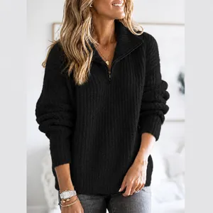 Pull en tricot noir décontracté pour femme avec col zippé