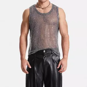 Men's Mesh See-Through Tank Top Heavy Craft Silver Sequined Sexy Sleeveless Vest Clubwear Streetwear Top