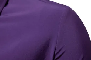 Close-up of the shoulder and sleeve stitching of a purple casual men's long sleeve shirt
