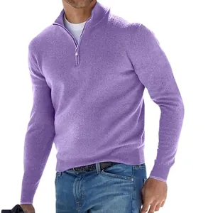 Casual men's lavender long sleeve cashmere sweater with quarter-zip standing collar
