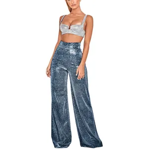 Pantalon large élégant à taille haute en tissu bleu scintillant avec gaufrage argenté