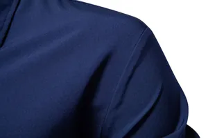 Close-up of navy blue breathable fabric detail on casual men's beach shirt shoulder