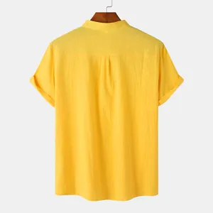 Back view detail of yellow cotton-linen stand-collar short-sleeve shirt for men