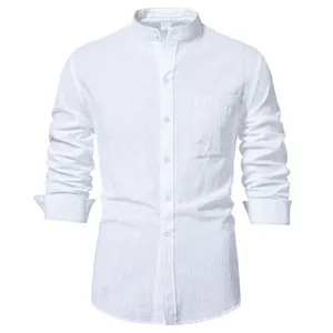 A detailed close-up shot of a white cotton linen long sleeve shirt with a mandarin collar