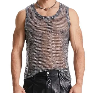 Men's stylish silver mesh tank top featuring a see-through sequin design for parties