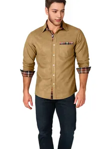 Camicia da uomo kaki a maniche lunghe con inserti scozzesi su colletto e polsini