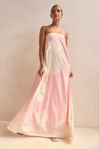Elegant pink and cream floral strapless tube top maxi dress for summer fashion