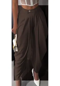 Elegant brown high-waisted harem pants with pleated tulip design for women